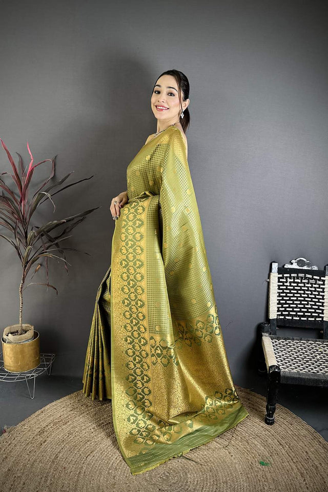 Olive Green Checkered & Floral Woven Banarasi Silk Saree (JK12608)