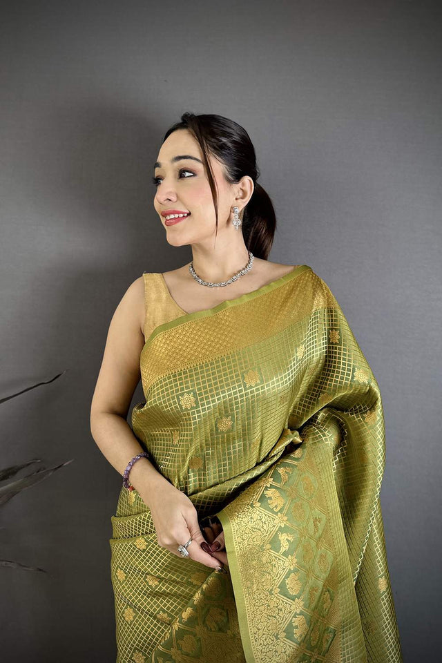 Olive Green Checkered & Floral Woven Banarasi Silk Saree (JK12608)