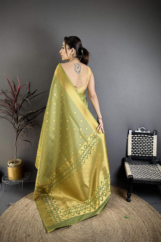 Olive Green Checkered & Floral Woven Banarasi Silk Saree (JK12608)