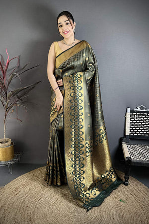 Dark Green Checkered & Floral Woven Banarasi Silk Saree (JK12609)