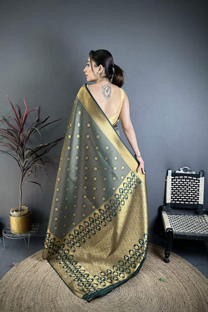 Dark Green Checkered & Floral Woven Banarasi Silk Saree (JK12609)