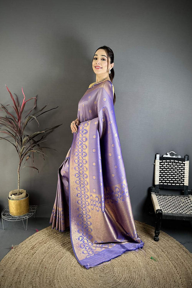 Lavender Checkered & Floral Woven Banarasi Silk Saree (JK12610)