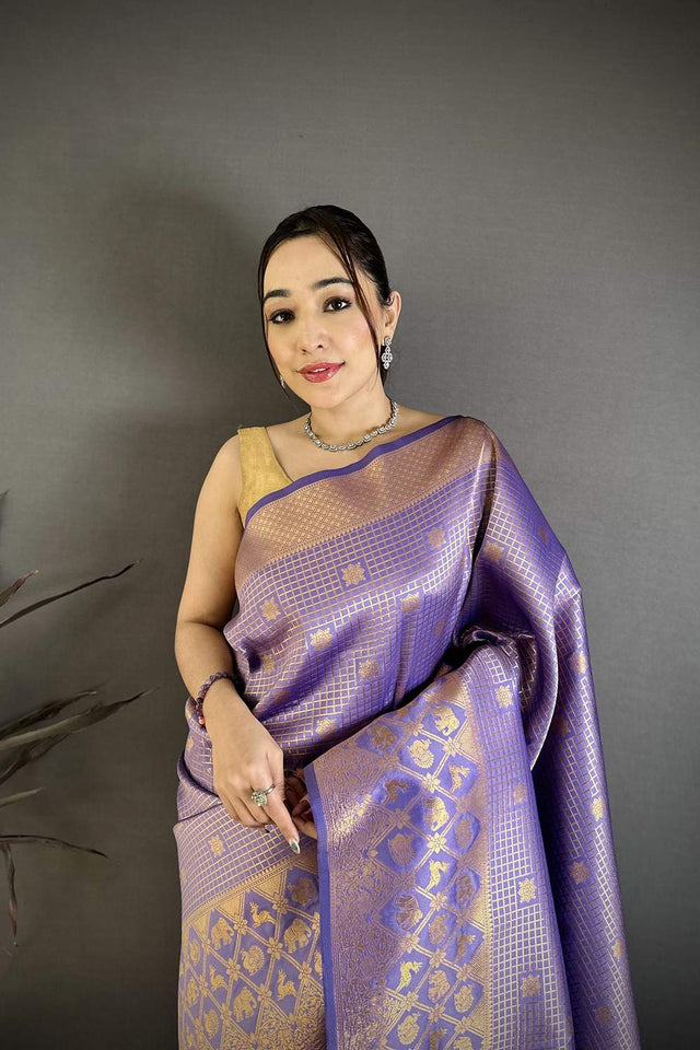 Lavender Checkered & Floral Woven Banarasi Silk Saree (JK12610)