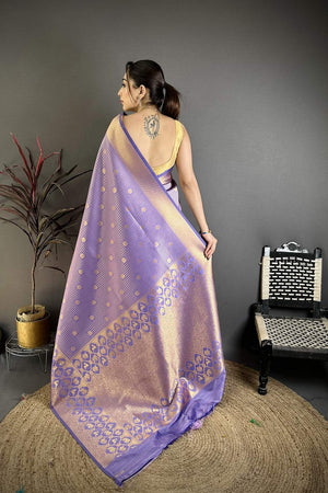 Lavender Checkered & Floral Woven Banarasi Silk Saree (JK12610)