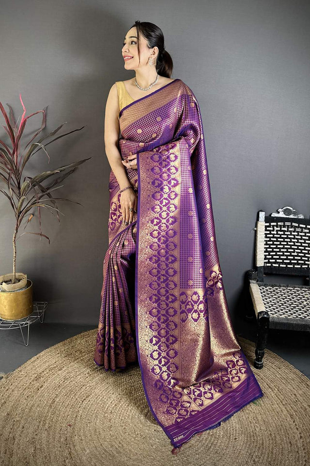 Purple Checkered & Floral Woven Banarasi Silk Saree (JK12611)