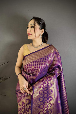 Purple Checkered & Floral Woven Banarasi Silk Saree (JK12611)