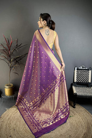 Purple Checkered & Floral Woven Banarasi Silk Saree (JK12611)