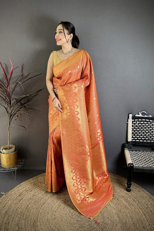 Peach Checkered & Floral Woven Banarasi Silk Saree (JK12612)