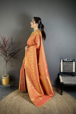 Peach Checkered & Floral Woven Banarasi Silk Saree (JK12612)