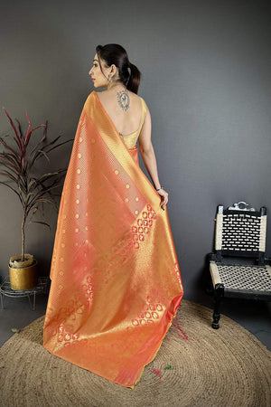 Peach Checkered & Floral Woven Banarasi Silk Saree (JK12612)