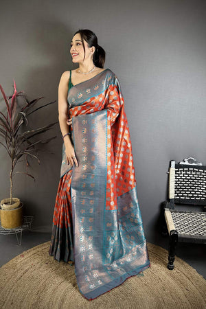 Orange Banarasi Floral Woven Silk Saree (JK12801)