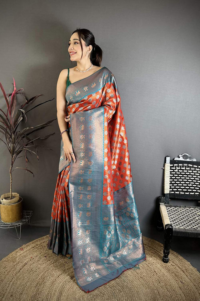 Orange Banarasi Floral Woven Silk Saree (JK12801)