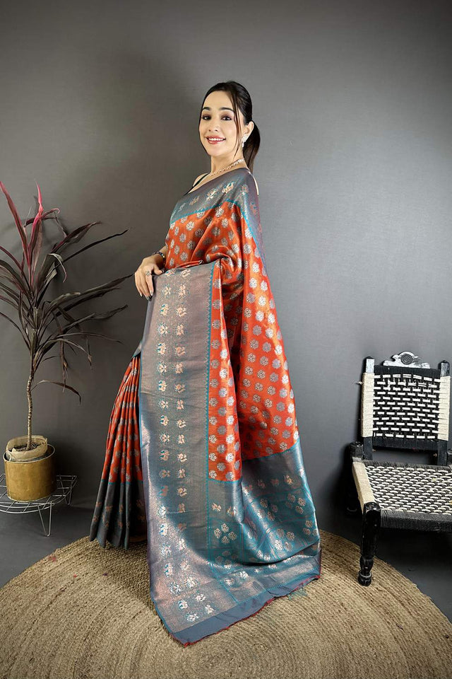 Orange Banarasi Floral Woven Silk Saree (JK12801)
