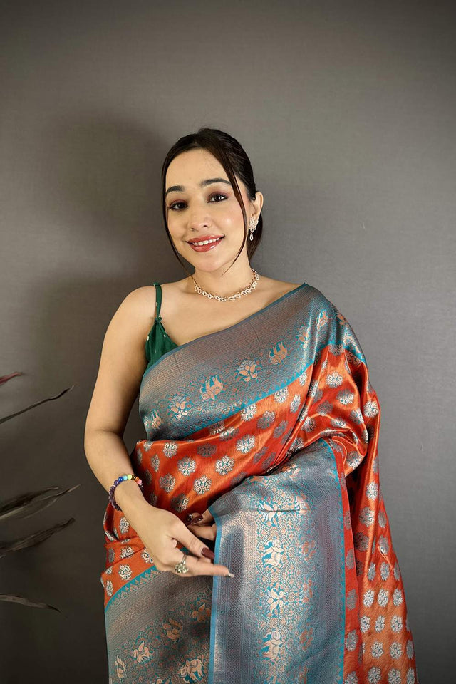 Orange Banarasi Floral Woven Silk Saree (JK12801)