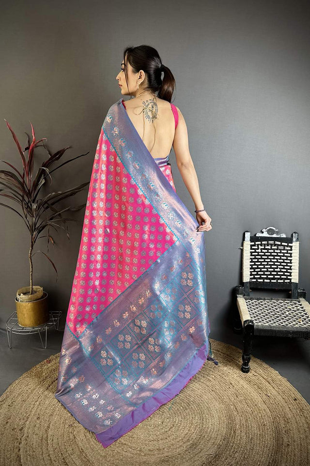 Pink Banarasi Floral Woven Silk Saree (JK12803)
