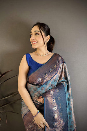 Blue Banarasi Floral Woven Silk Saree (JK12804)