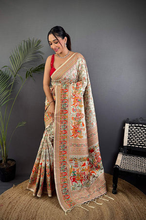 Off White Meenakari Woven Silk Saree (JK13001)