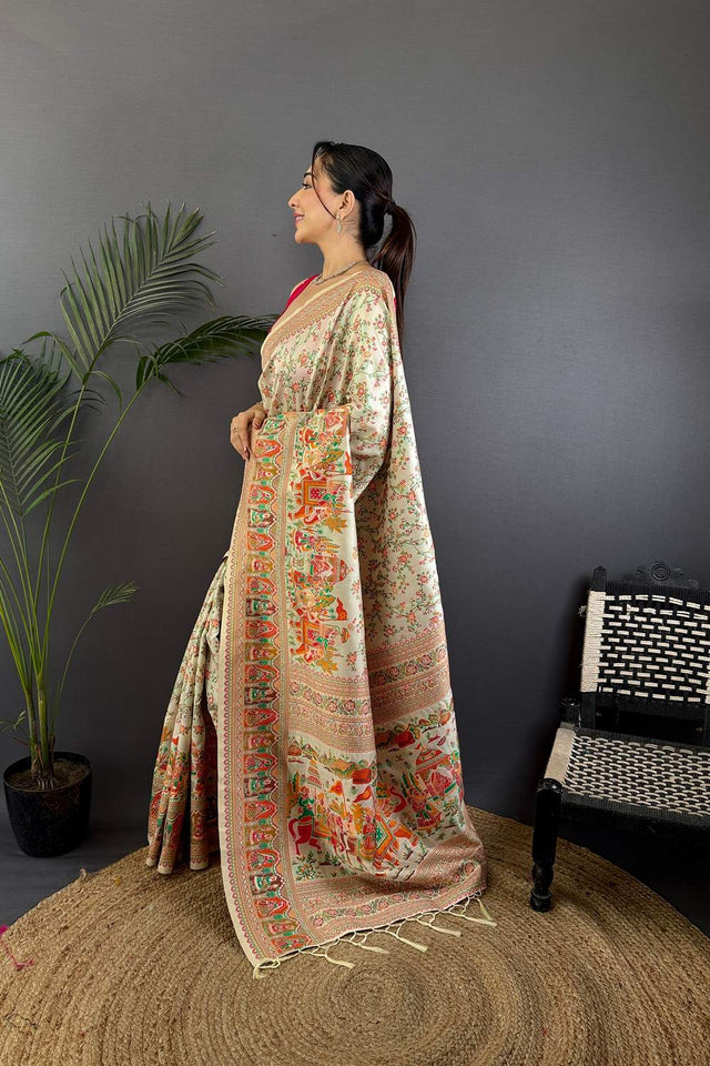 Off White Meenakari Woven Silk Saree (JK13001)