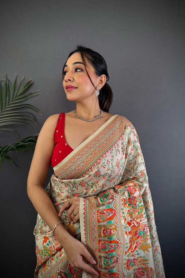 Off White Meenakari Woven Silk Saree (JK13001)