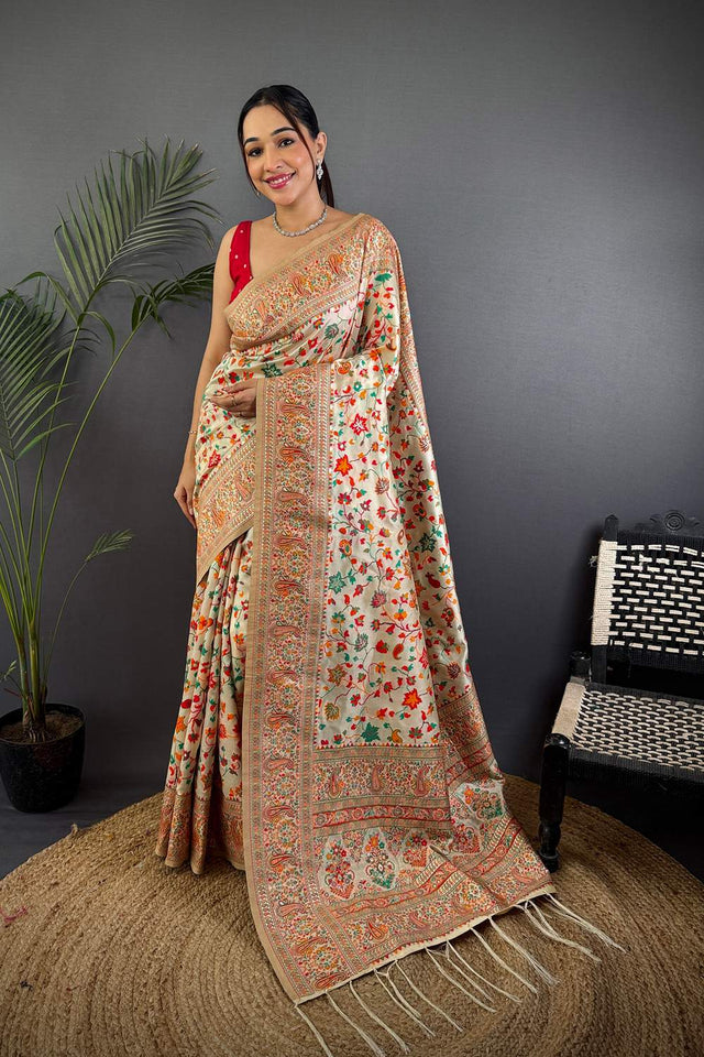 Cream Meenakari Woven Silk Saree (JK13004)