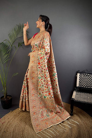 Cream Meenakari Woven Silk Saree (JK13004)