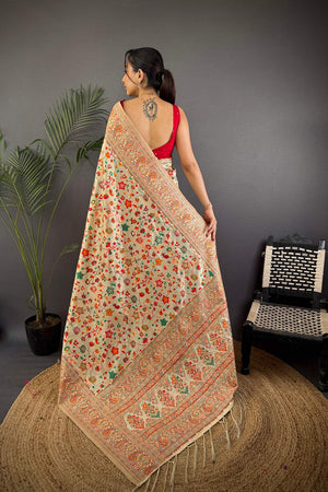 Cream Meenakari Woven Silk Saree (JK13004)