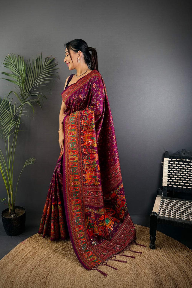 Wine Meenakari Woven Silk Saree (JK13005)