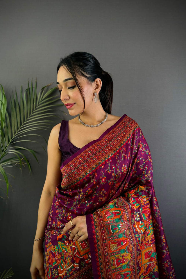 Wine Meenakari Woven Silk Saree (JK13005)