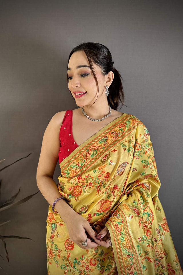 Yellow Floral Woven Silk Saree (JK13012)