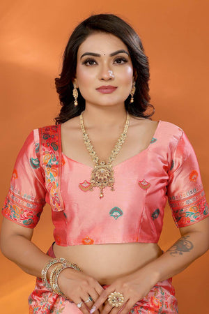 Peach Floral Woven Silk Saree (JK13029)