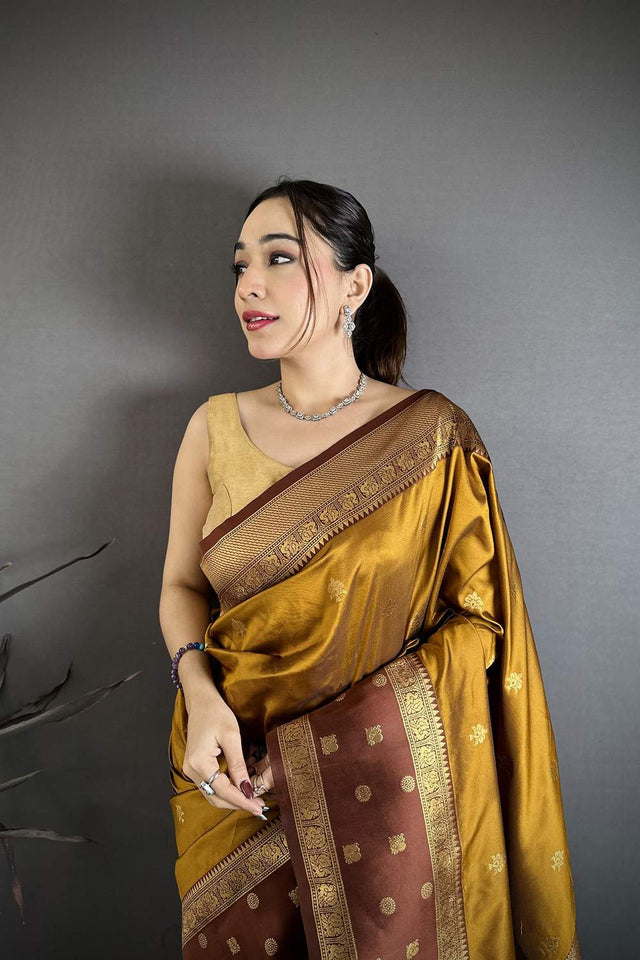 Gold Banarasi Floral Zari Woven Soft Silk Saree (JK13203)