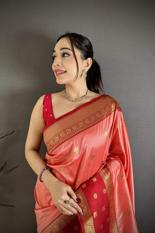 Peach Banarasi Floral Zari Woven Soft Silk Saree (JK13206)