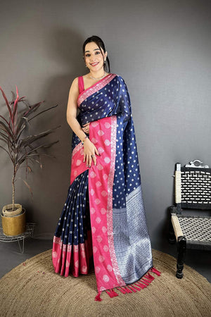 Navy Blue Banarasi Floral Zari Woven Soft Silk Saree (JK13301)