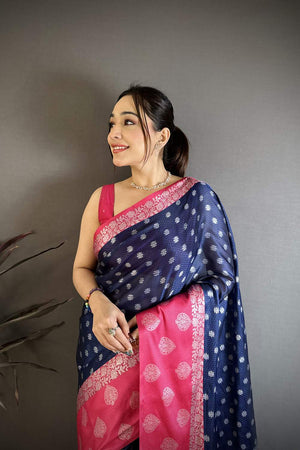 Navy Blue Banarasi Floral Zari Woven Soft Silk Saree (JK13301)