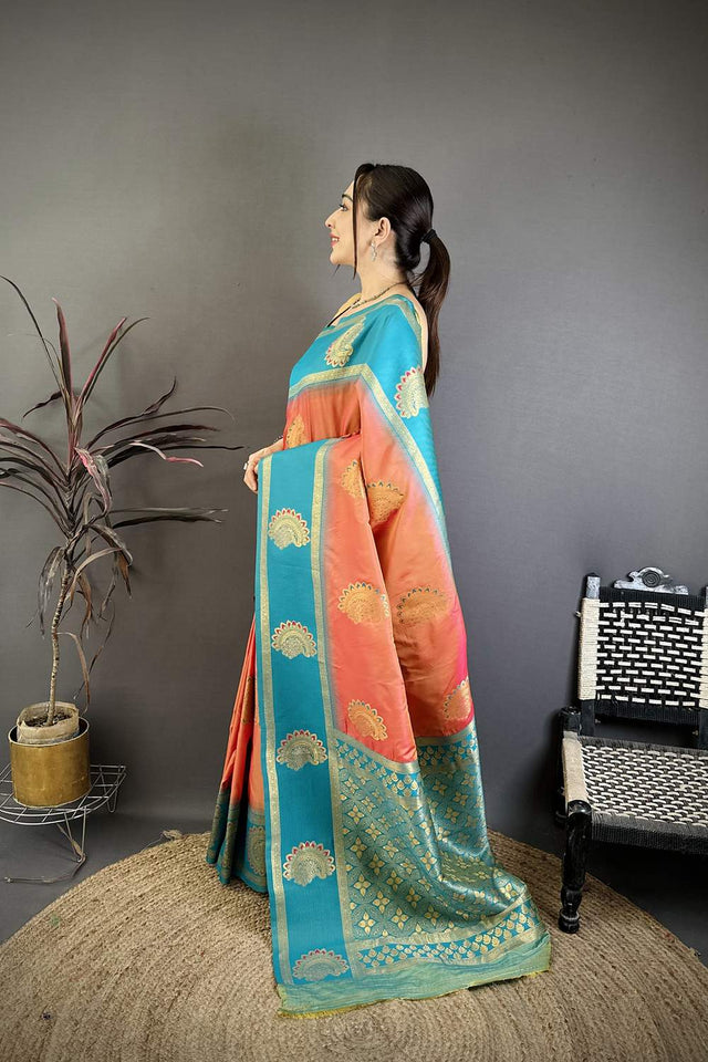 Peach Gold Zari Woven Soft Silk Saree (JK13504)