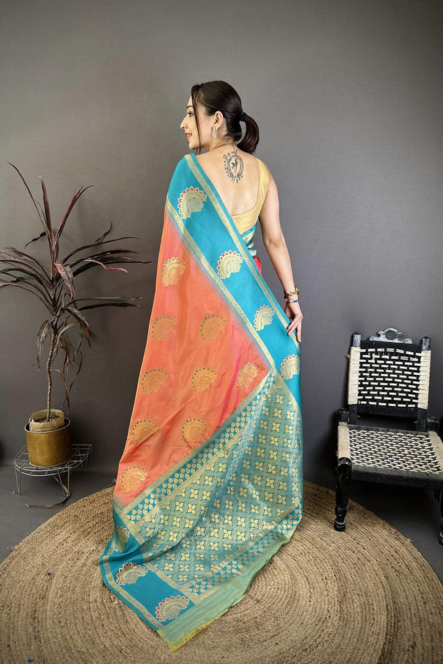 Peach Gold Zari Woven Soft Silk Saree (JK13504)