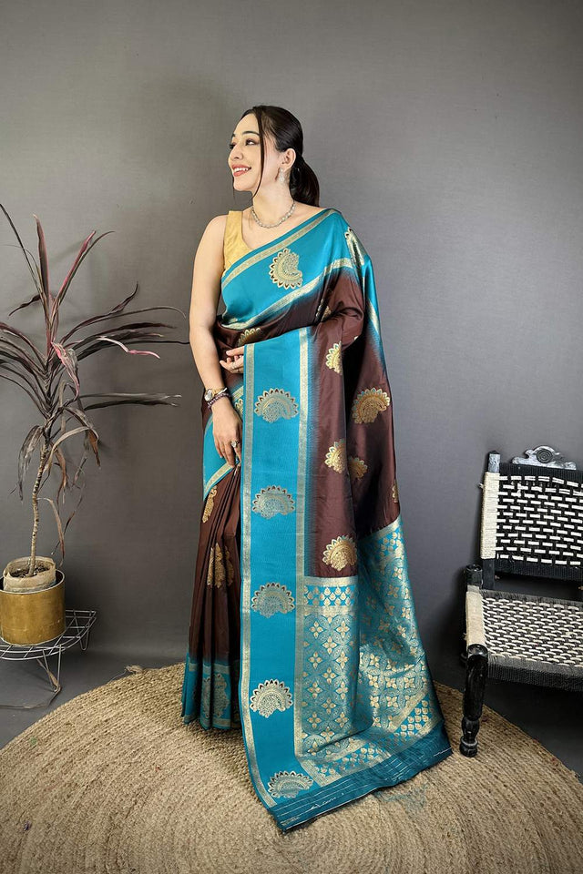 Brown Gold Zari Woven Soft Silk Saree (JK13505)