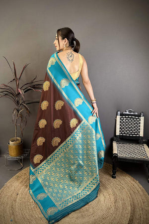 Brown Gold Zari Woven Soft Silk Saree (JK13505)