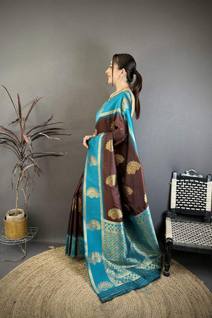Brown Gold Zari Woven Soft Silk Saree (JK13505)