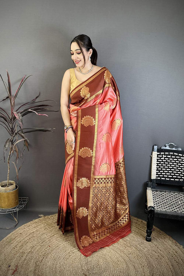 Peach Gold Zari Woven Soft Silk Saree (JK13506)