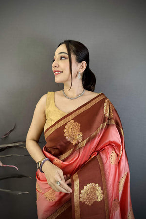 Peach Gold Zari Woven Soft Silk Saree (JK13506)
