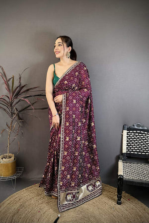 Wine Bandhani Printed with Zari Woven Border Silk Saree (JK13601)
