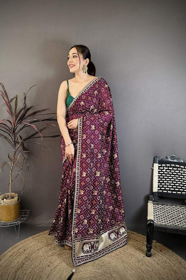 Wine Bandhani Printed with Zari Woven Border Silk Saree (JK13601)