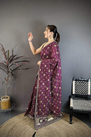Wine Bandhani Printed with Zari Woven Border Silk Saree (JK13601)