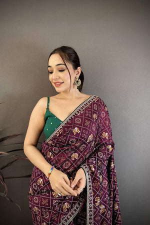 Wine Bandhani Printed with Zari Woven Border Silk Saree (JK13601)