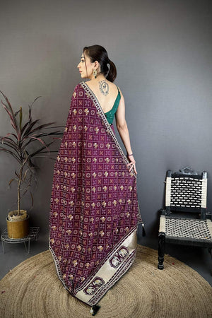 Wine Bandhani Printed with Zari Woven Border Silk Saree (JK13601)