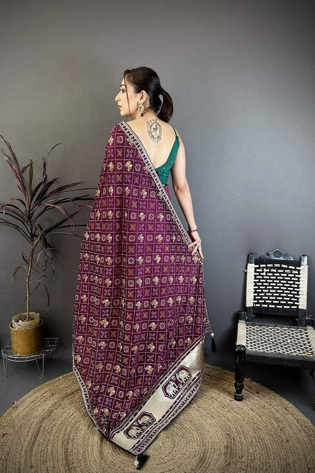 Wine Bandhani Printed with Zari Woven Border Silk Saree (JK13601)