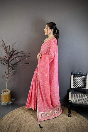 Light Pink Bandhani Printed with Zari Woven Border Silk Saree (JK13602)