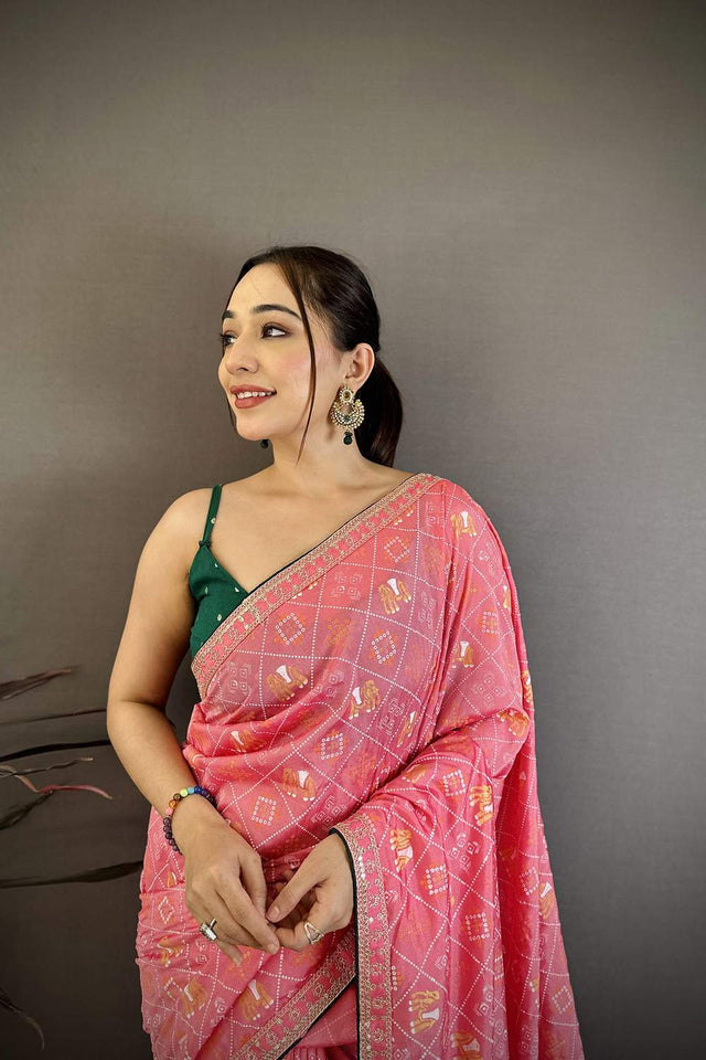 Light Pink Bandhani Printed with Zari Woven Border Silk Saree (JK13602)