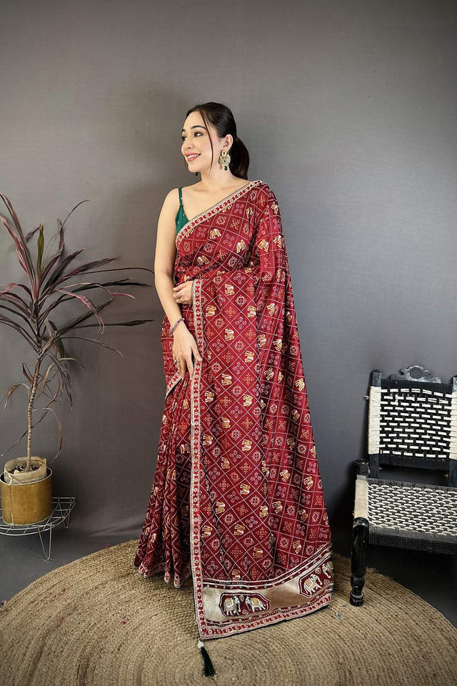 Maroon Bandhani Printed with Zari Woven Border Silk Saree (JK13603)